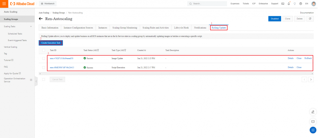 Rolling Update
首先請進入到Auto Scaling的實例內，選擇Rolling Update的介面後再選擇創建執行任務。任務執行完成後也可從下方任務列表選擇特定任務進入觀看詳情，如紅框3圖示。
